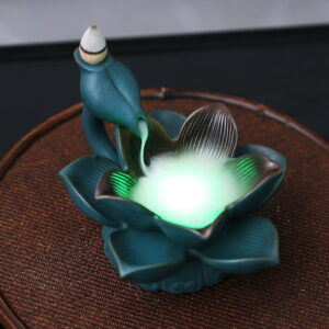 Green Lotus Flower Ceramic Smoke Reverse Incense Burner With LED Light