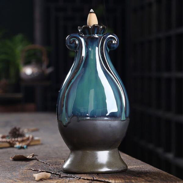 Lotus Vase Blue Ceramic Incense Waterfall Fountain Backflow Burner