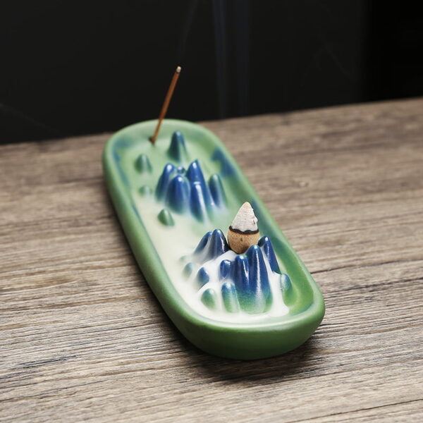 Mountain Hill Boat Blue Green Ceramic Incense Stick Burner Backflow Incense Holder