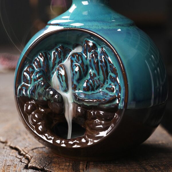 Round Vase Blue Ceramic Backflow Incense Holder