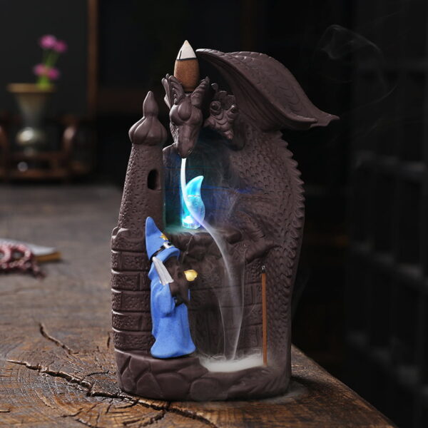 Flying Dragon Wizard Ceramic Incense Backflow Cone Holder With LED Light