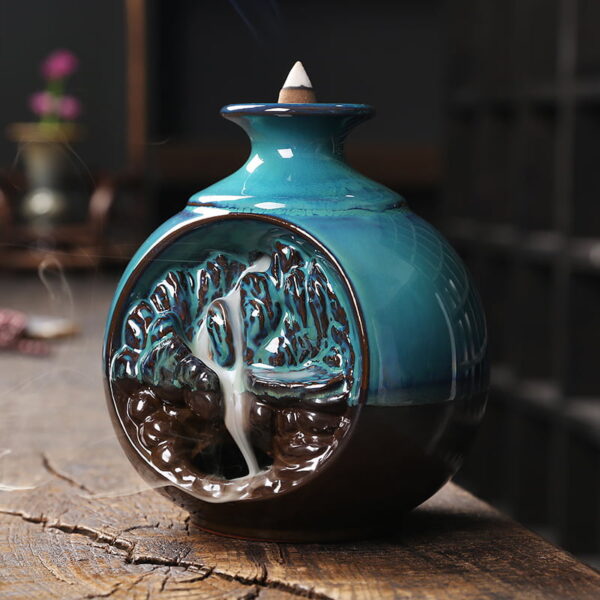 Round Vase Blue Ceramic Backflow Incense Holder