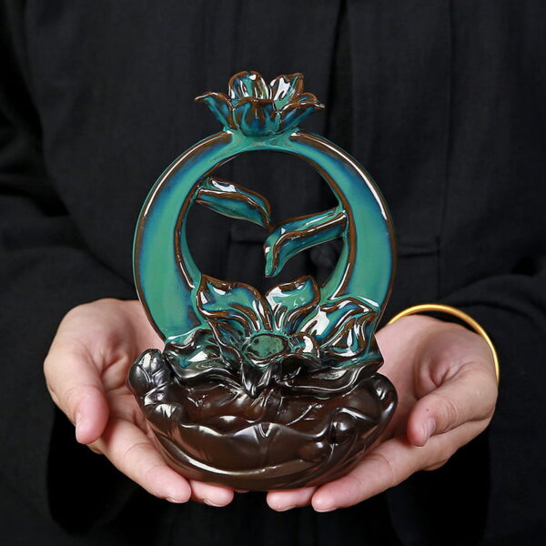 Full Moon Lotus Flower Blue Ceramic Backflow Incense Burner