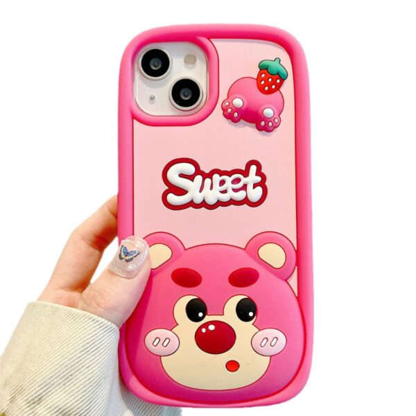 Pink 3D Sweet Strawberry Bear Silicone Phone Case for Apple iPhone Model