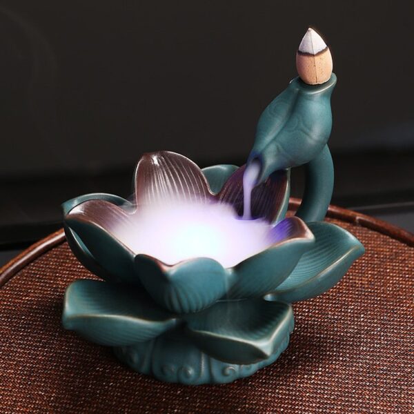 Green Lotus Flower Ceramic Smoke Reverse Incense Burner With LED Light