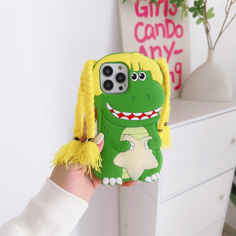 Green Dinosaur With Braid Silicone Phone Case for Apple iPhone Models