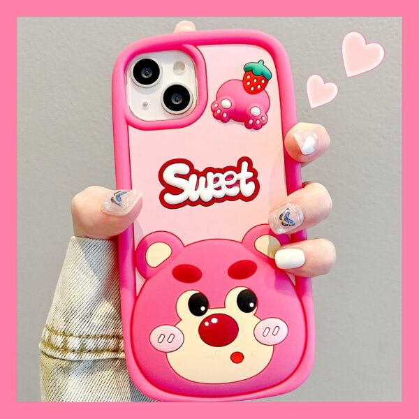 Pink 3D Sweet Strawberry Bear Silicone Phone Case for Apple iPhone Model