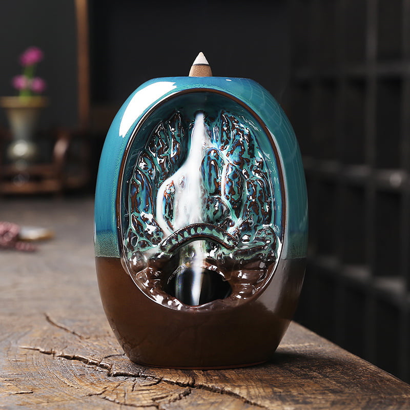 Oval Vase Blue Ceramic Fountain Waterfall Incense Holder