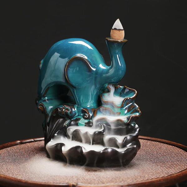 Elephant Lotus Leaf Blue Ceramic Waterfall Incense Burner Holder