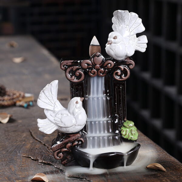 Couple Pigeons Ceramic Fountain Waterfall Incense Holder