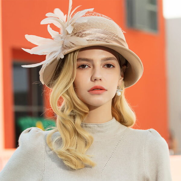 Women Cloche Hat Wool Top Hat Feather Dome Warm Woolen Hat