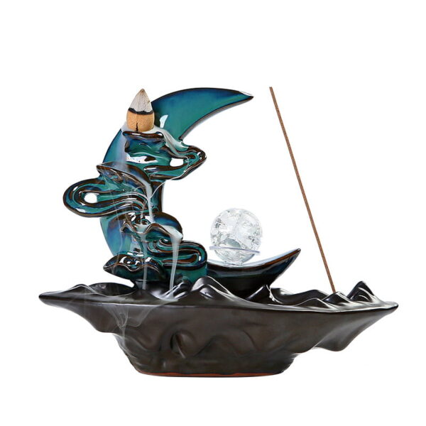 Blue Ceramic Crescent Moon Clouds Waterfall Incense Burner With LED Light Ball