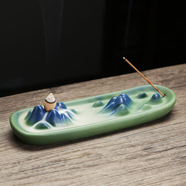 Mountain Hill Boat Blue Green Ceramic Incense Stick Burner Backflow Incense Holder