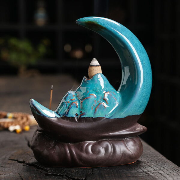 Crescent Moon Ceramic Reverse Smoke Incense Burner With LED Light