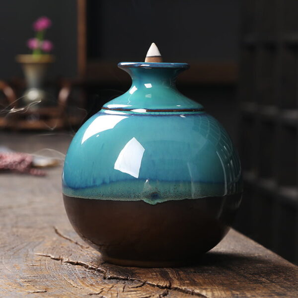 Round Vase Blue Ceramic Backflow Incense Holder