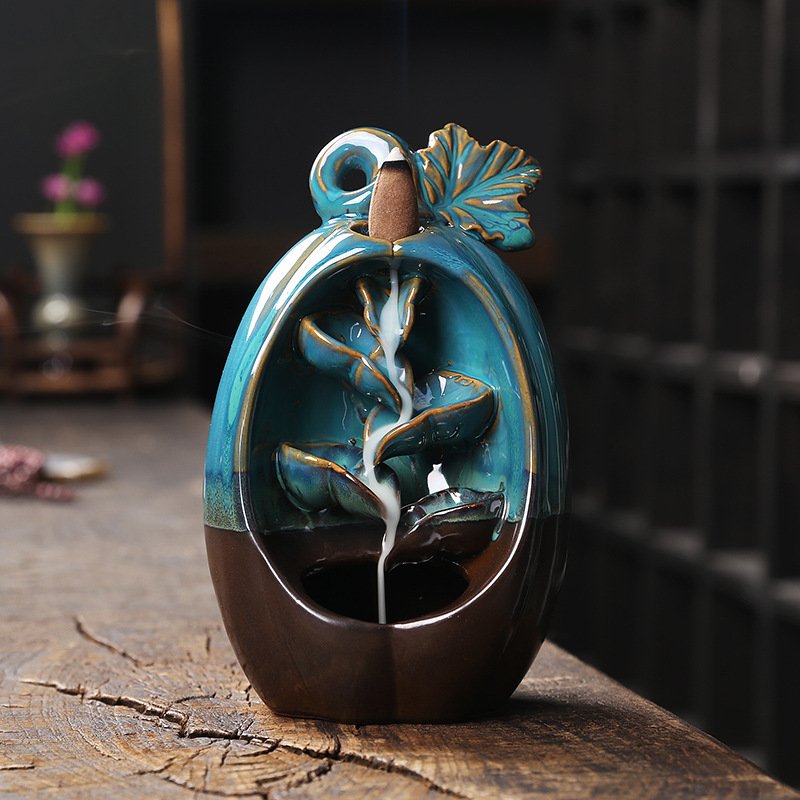 Pumpkin Blue Ceramic Fountain Smoke Backflow Incense Burner
