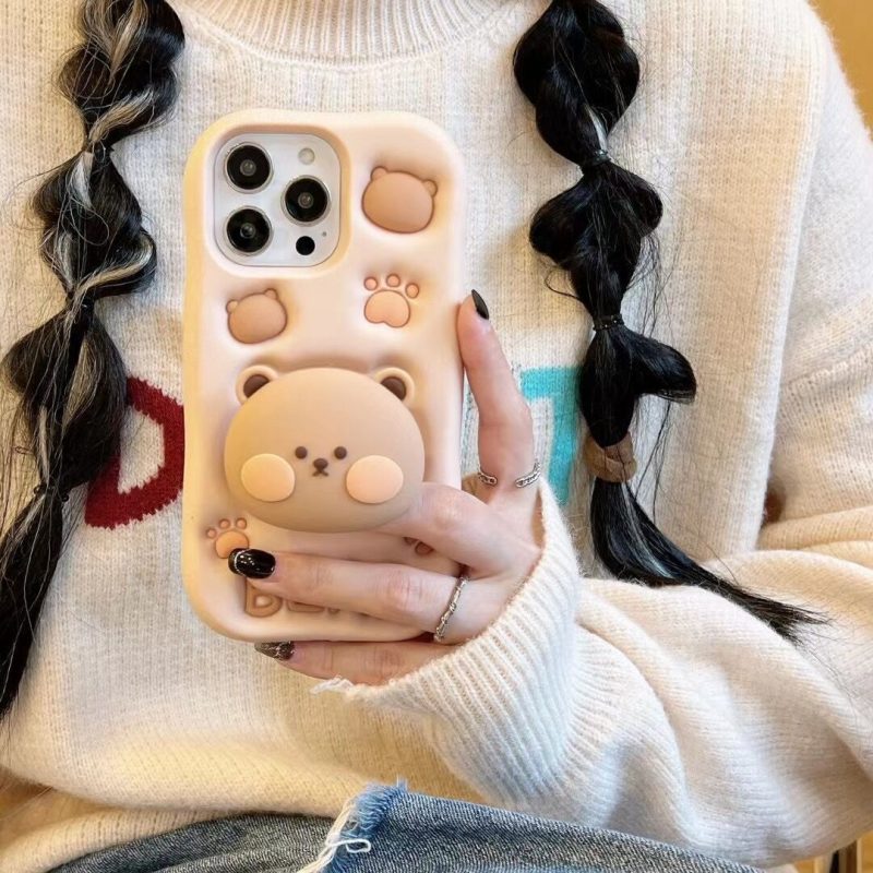 Cute 3D Bear Stand TPU Phone Case for Apple iPhone Models