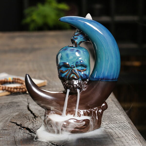 Crescent Moon Skull Ceramic Incense Waterfall Fountain Backflow Burner