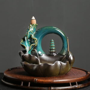 Lotus Leaf Pagoda Circle Blue Ceramic Censer Incense Cone Holder Fountain