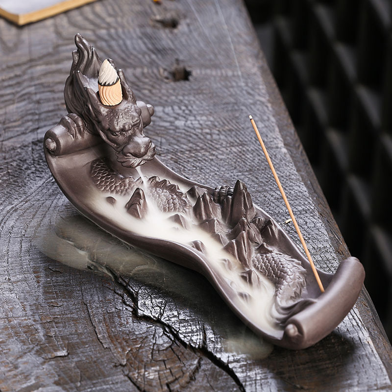 Chinese Dragon Hill Scroll Ceramic Stick Backflow Incense Holder