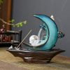 Blue Ceramic Crescent Moon Clouds Waterfall Incense Burner With LED Light Ball - Image 4
