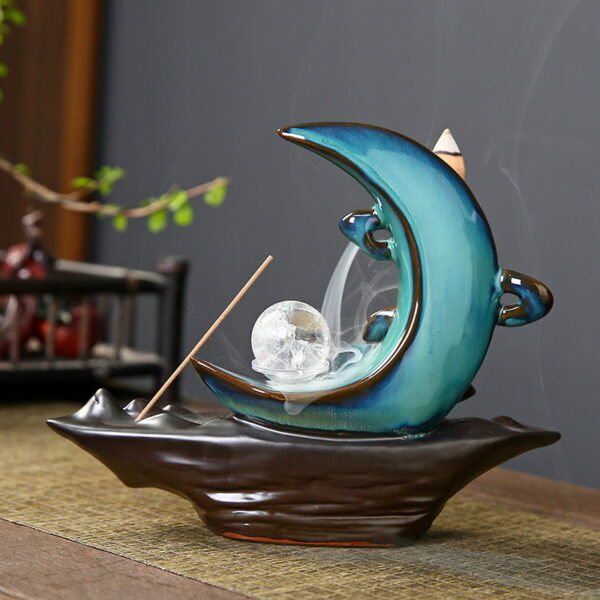 Blue Ceramic Crescent Moon Clouds Waterfall Incense Burner With LED Light Ball
