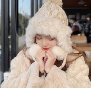Rabbit Fur Woolen Hat Fur Ball Plus Fleece Warm Knitted Hat