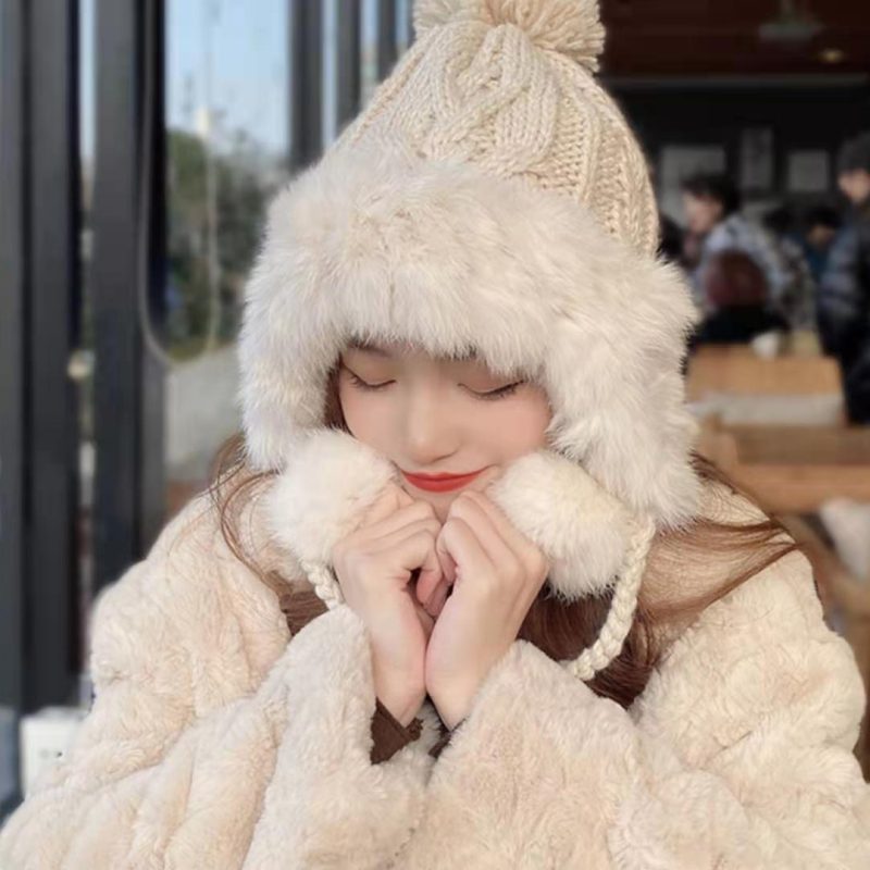 Rabbit Fur Woolen Hat Fur Ball Plus Fleece Warm Knitted Hat