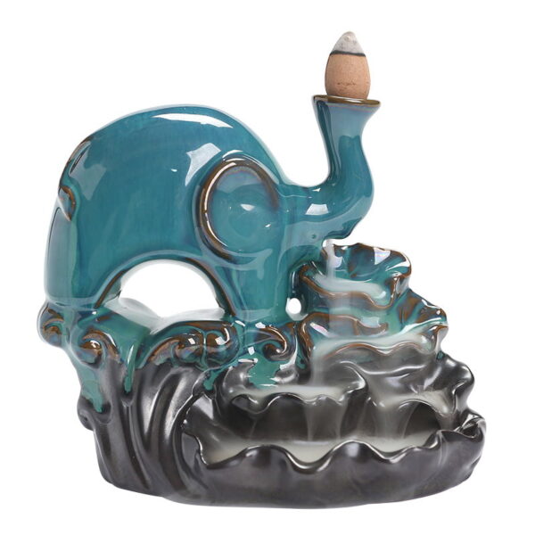 Elephant Lotus Leaf Blue Ceramic Waterfall Incense Burner Holder