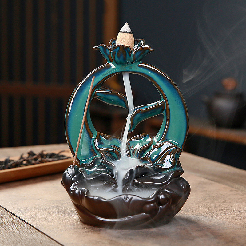 Full Moon Lotus Flower Blue Ceramic Backflow Incense Burner