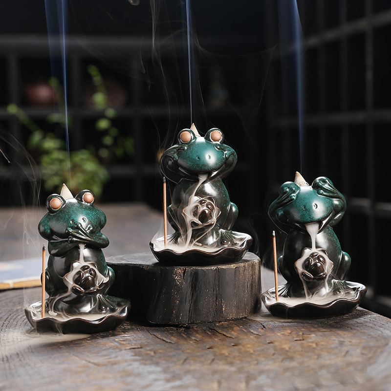 Green Frog Lotus Ceramic Backflow Stick Incense Burner