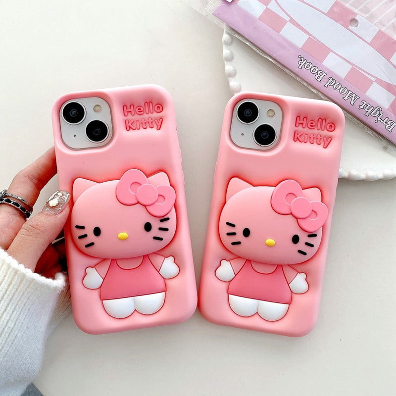 Pink Hello Kitty Stand Silicone Mobile Phone Cover for Apple iPhone Models