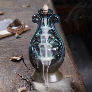 Lotus Vase Blue Ceramic Incense Waterfall Fountain Backflow Burner