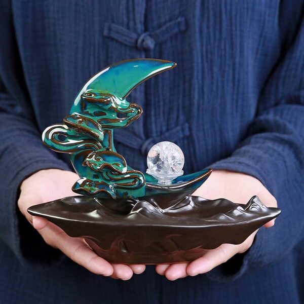 Blue Ceramic Crescent Moon Clouds Waterfall Incense Burner With LED Light Ball