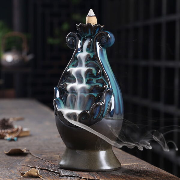 Lotus Vase Blue Ceramic Incense Waterfall Fountain Backflow Burner