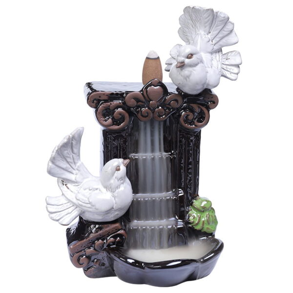 Couple Pigeons Ceramic Fountain Waterfall Incense Holder