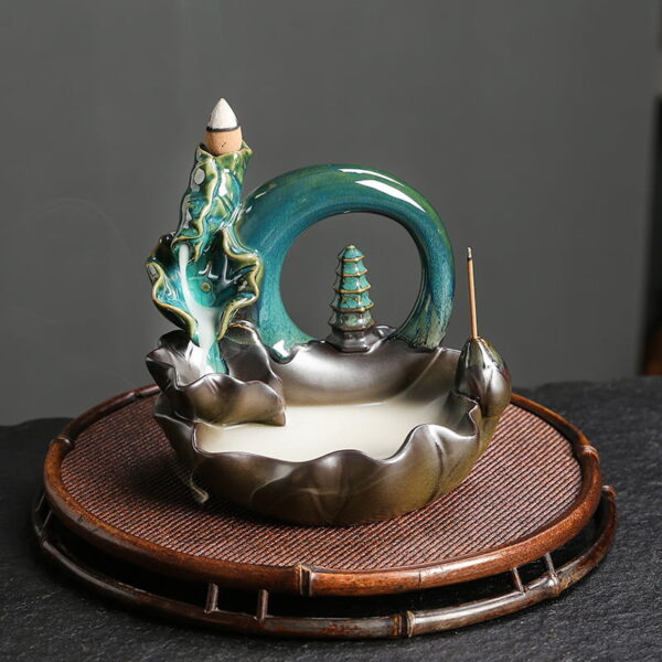 Lotus Leaf Pagoda Circle Blue Ceramic Censer Incense Cone Holder Fountain