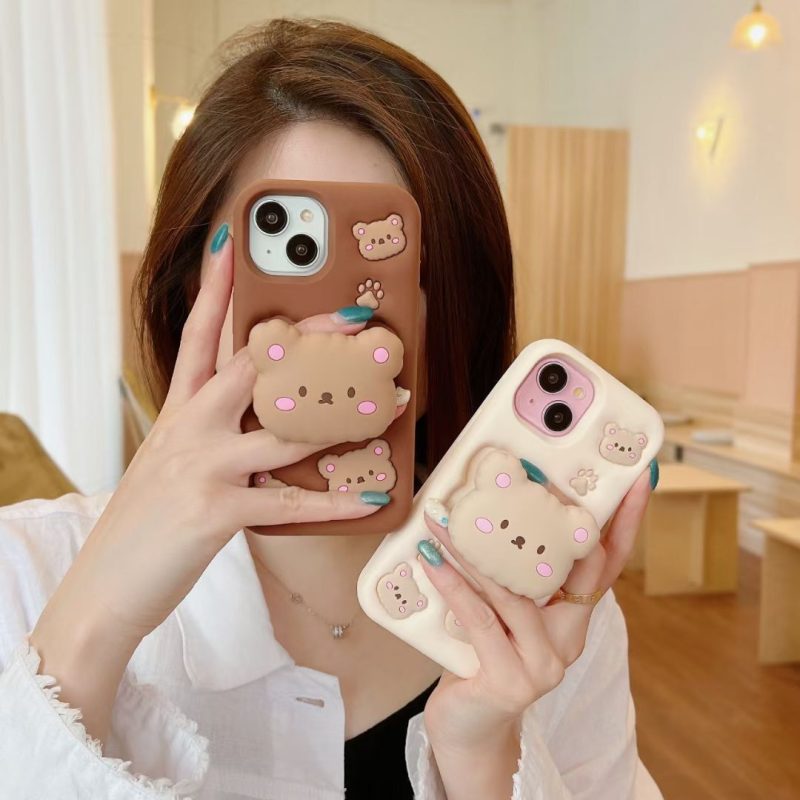 Cute Bear Stand Silicone Phone Shell for Apple iPhone Models