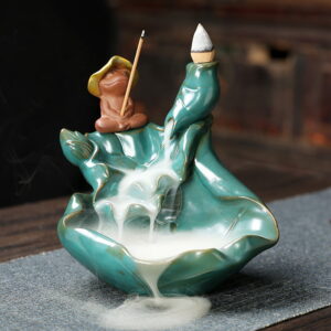 Frog Fishing Lotus Leaf Green Ceramic Backflow Holder Waterfall