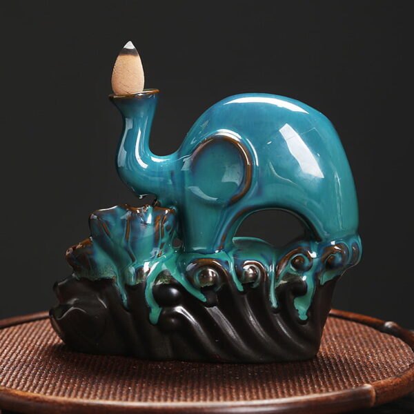 Elephant Lotus Leaf Blue Ceramic Waterfall Incense Burner Holder