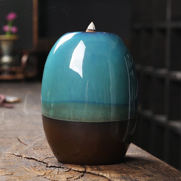 Oval Vase Blue Ceramic Fountain Waterfall Incense Holder