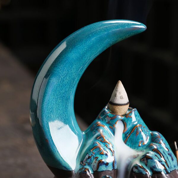 Crescent Moon Blue Coffee Ceramic Reverse Smoke Incense Burner