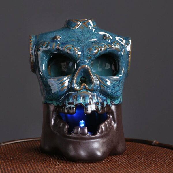 Halloween Skull Blue Ceramic Backflow Incense Burner With LED Light Halloween Skull Blue Ceramic Backflow Incense Burner With LED Light