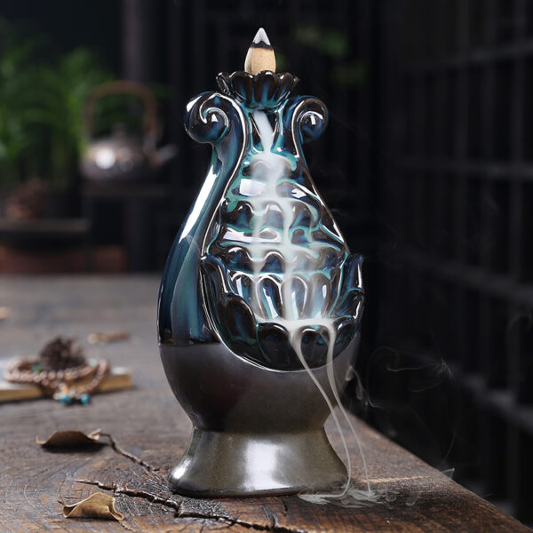 Lotus Vase Blue Ceramic Incense Waterfall Fountain Backflow Burner