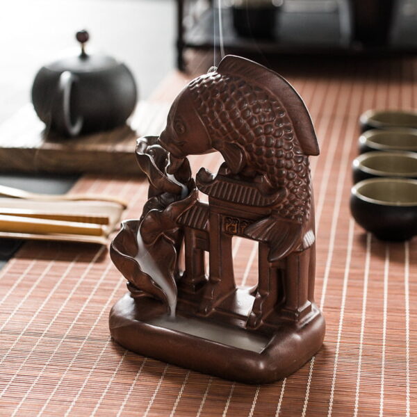 Carp Leaping Over the Dragon Gate Ceramic Backflow Incense Burner