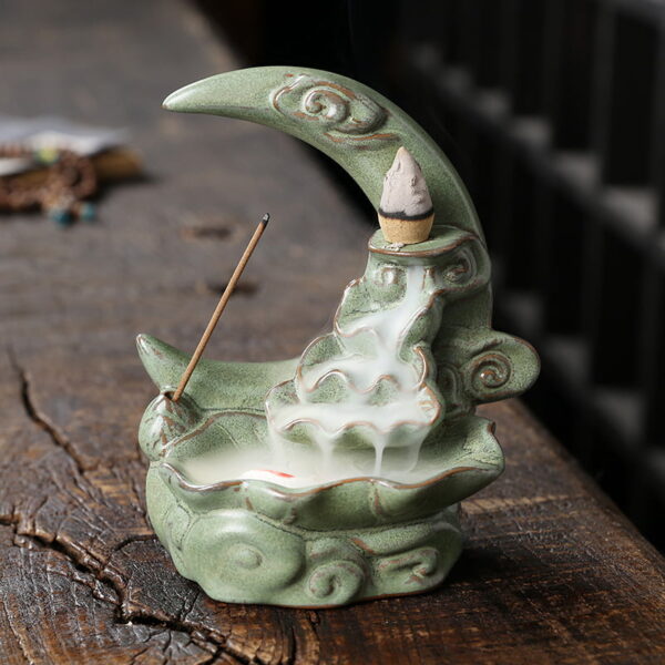 Crescent Moon Lotus Clouds Ceramic Fountain Backflow Burner Crescent Moon Lotus Clouds Ceramic Fountain Backflow Burner