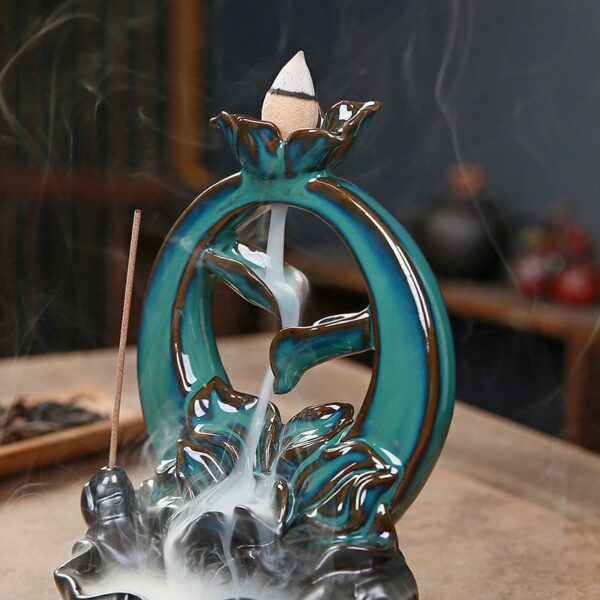 Full Moon Lotus Flower Blue Ceramic Backflow Incense Burner