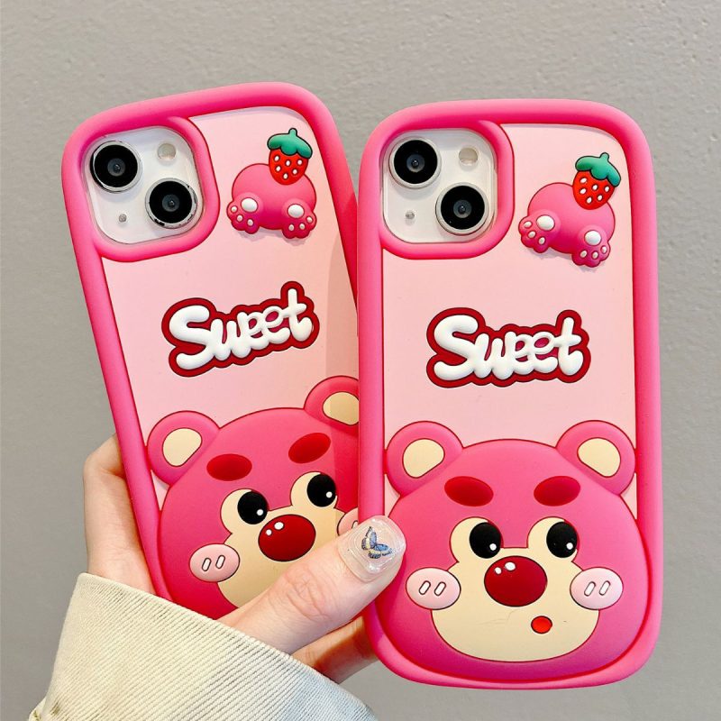 Pink 3D Sweet Strawberry Bear Silicone Phone Case for Apple iPhone Model
