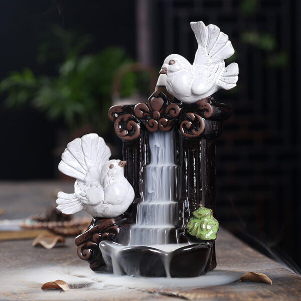 Couple Pigeons Ceramic Fountain Waterfall Incense Holder