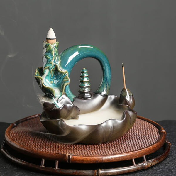 Lotus Leaf Pagoda Circle Blue Ceramic Censer Incense Cone Holder Fountain